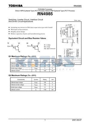 RN4985 datasheet - Silicon NPN Epitaxial Type (PCT Process) Silicon PNP Epitaxial Type (PCT Process)