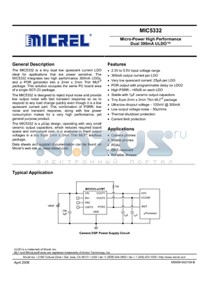 MIC5332-2.5/1.2YMT datasheet - Micro-Power High Performance Dual 300mA ULDO