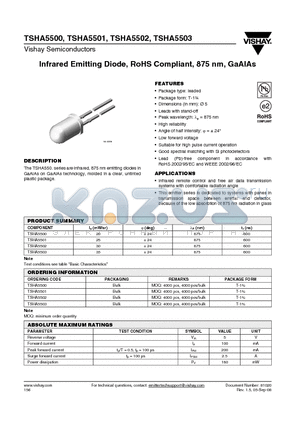 TSHA5503 datasheet - Infrared Emitting Diode, RoHS Compliant, 875 nm, GaAlAs