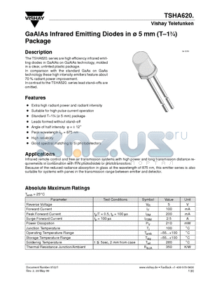 TSHA6200 datasheet - GaAlAs Infrared Emitting Diodes in ^5 mm (T-13/4) Package