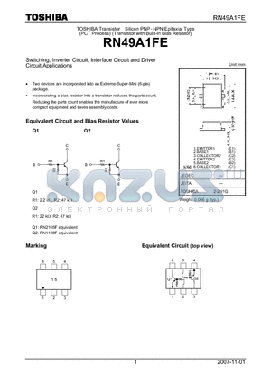 RN49A1FE datasheet - Switching, Inverter Circuit, Interface Circuit and Driver Circuit Applications