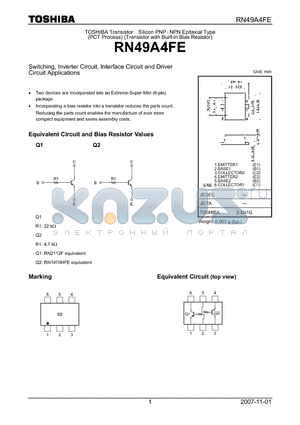 RN49A4FE datasheet - Switching, Inverter Circuit, Interface Circuit and Driver Circuit Applications