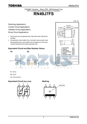 RN49J7FS datasheet - Switching Applications Inverter Circuit Applications Interface Circuit Applications Driver Circuit Applications