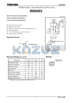 RN5003 datasheet - TOSHIBA Transistor Silicon NPN Epitaxial Type (PCT Process)