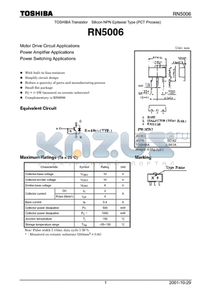 RN5006 datasheet - TOSHIBA Transistor Silicon NPN Epitaxial Type (PCT Process)