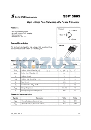 SBP13003 datasheet - High Voltage Fast-Switching NPN Power Transistor