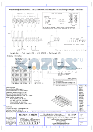 TSHCRE-1-S datasheet - .100 cl Single Row - Right Angle Terminal Strip Headers - Custom Elevated