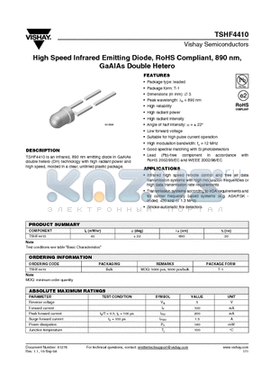 TSHF4410 datasheet - High Speed Infrared Emitting Diode, RoHS Compliant, 890 nm, GaAlAs Double Hetero