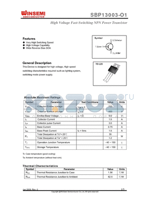 SBP13003-O1 datasheet - High Voltage Fast-Switching NPN Power Transistor