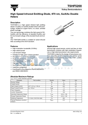 TSHF5200 datasheet - High Speed Infrared Emitting Diode, 870 nm, GaAlAs Double Hetero