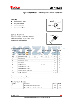 SBP13003D datasheet - High Voltage Fast -Switching NPN Power Transistor