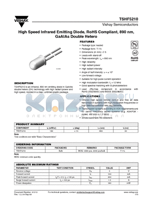 TSHF5210 datasheet - High Speed Infrared Emitting Diode, RoHS Compliant, 890 nm, GaAlAs Double Hetero