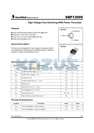 SBP13005 datasheet - High Voltage Fast-Switching NPN Power Transistor