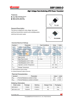 SBP13005-O datasheet - High Voltage Fast-SwitchingNPN Power Transistor