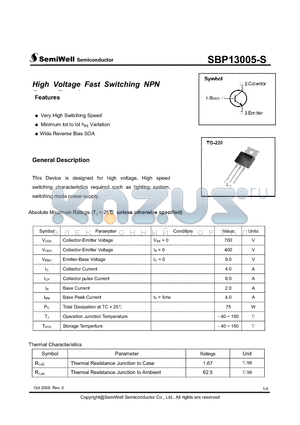 SBP13005-S datasheet - High Voltage Fast Switching NPN