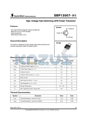 SBP13007-H1 datasheet - High Voltage Fast-Switching NPN Power Transistor