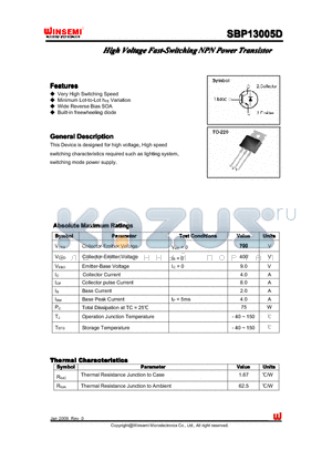 SBP13005D datasheet - High Voltage Fast-SwitchingNPN Power Transistor