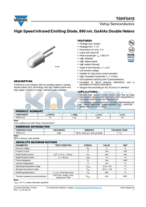 TSHF5410 datasheet - High Speed Infrared Emitting Diode, 890 nm, GaAlAs Double Hetero