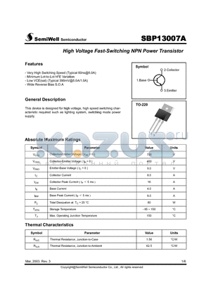 SBP13007A datasheet - High Voltage Fast-Switching NPN Power Transistor