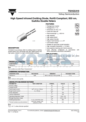 TSHG5410 datasheet - High Speed Infrared Emitting Diode, RoHS Compliant, 850 nm, GaAlAs Double Hetero