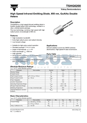 TSHG620 datasheet - High Speed Infrared Emitting Diode, 850 nm, GaAlAs Double Hetero