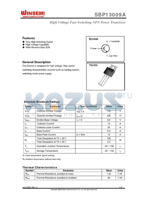 SBP13009A datasheet - High Voltage Fast-Switching NPN Power Transistor