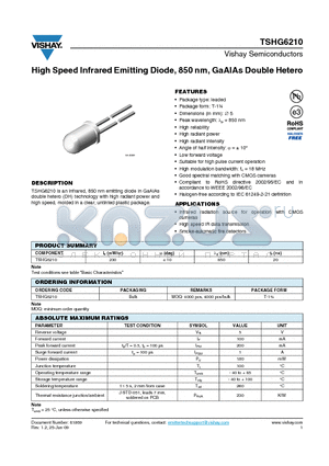 TSHG6210 datasheet - High Speed Infrared Emitting Diode, 850 nm, GaAlAs Double Hetero