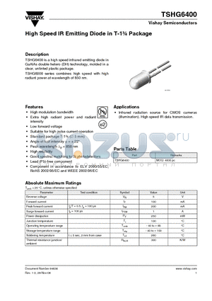 TSHG6400 datasheet - High Speed IR Emitting Diode in T-1 3/4 Package