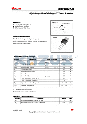 SBP5027-R datasheet - High Voltage Fast-SwitchingNPN Power Transistor