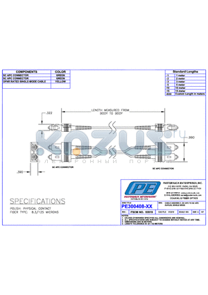 PE300408-3 datasheet - CABLE ASSEMBLY SC APC TO SC APC DUPLEX SINGLE MODE