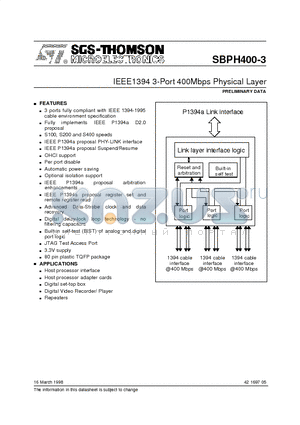 SBPH400-3 datasheet - IEEE1394 3-Port 400Mbps Physical Layer