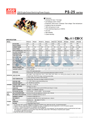 PS-25-15 datasheet - 25W Single Output Switching Power Supply