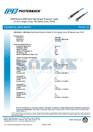 PE301-12 datasheet - SMA Male to SMA Male Right Angle Precision Cable 12 Inch Length Using 160 Series Coax, RoHS