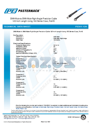 PE301-120 datasheet - SMA Male to SMA Male Right Angle Precision Cable 120 Inch Length Using 160 Series Coax, RoHS