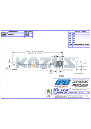 PE3013LF datasheet - CABLE ASSEMBLY RG58C/U SMA MALE TO N FEMALE BULKHEAD(LEAD FREE)