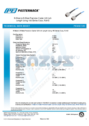 PE302-120 datasheet - N Male to N Male Precision Cable 120 Inch Length Using 160 Series Coax, RoHS