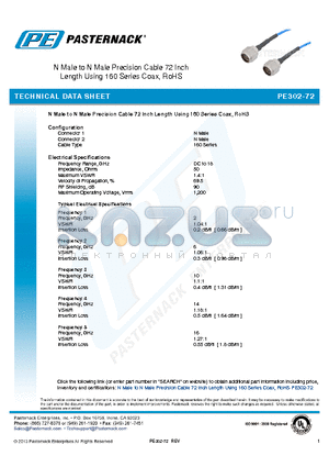 PE302-72 datasheet - N Male to N Male Precision Cable 72 Inch Length Using 160 Series Coax, RoHS