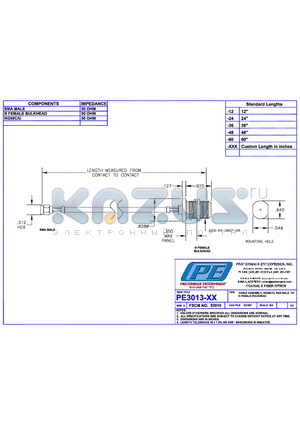 PE3013 datasheet - CABLE ASSEMBLY RH58C/U SMA MALE TO N FEMALE BULKHEAD