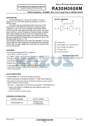 RA30H0608M_10 datasheet - 66-88MHz 30W 12.5V, 2 stage Amp. for MOBILE RADIO