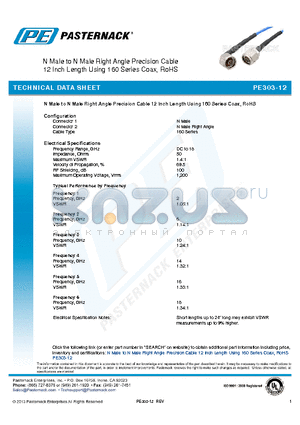 PE303-12 datasheet - N Male to N Male Right Angle Precision Cable 12 Inch Length Using 160 Series Coax, RoHS