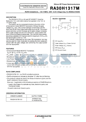 RA30H1317M datasheet - 135-175MHz 30W 12.5V 2 Stage Amp. For MOBILE RADIO