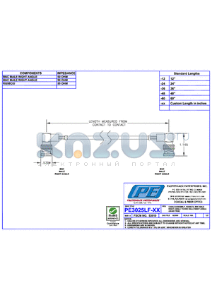 PE3025LF datasheet - CABLE ASSEMBLY RG58C/U BNC MALE RIGHT ANGLE TO BNC MALE RIGHT ANGLE(LEAD FREE)