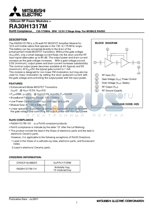 RA30H1317M datasheet - RoHS Compliance , 135-175MHz 30W 12.5V 2 Stage Amp. For MOBILE RADIO