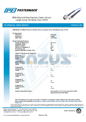 PE304-120 datasheet - SMA Male to N Male Precision Cable 120 Inch Length Using 160 Series Coax, RoHS