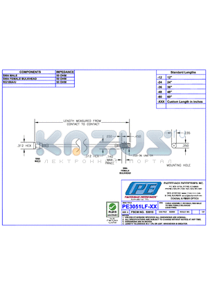 PE3051LF datasheet - CABLE ASSEMBLY RG188A/U SMA MALE TO SMA FEMALE BULKHEAD