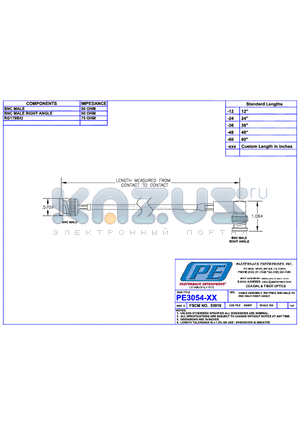 PE3054 datasheet - CABLE ASSEMBLY RG179B/U BNC MALE TO BNC  MALE RIGHT ANGLE