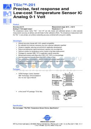TSIC-201 datasheet - Precise, fast response and Low-cost Temperature Sensor IC Analog 0-1 Volt