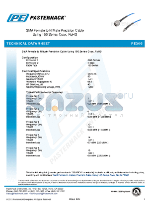 PE306 datasheet - SMA Female to N Male Precision Cable Using 160 Series Coax, RoHS