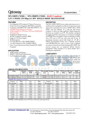 PS-3380W-CXX0G datasheet - 3.3V / CWDM / 155 Mbps LC SFP SINGLE-MODE TRANSCEIVER