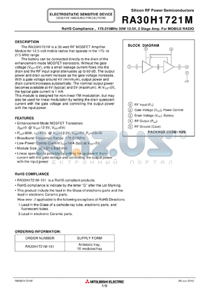 RA30H1721M-101 datasheet - 175-215MHz 30W 12.5V, 2 Stage Amp. For MOBILE RADIO